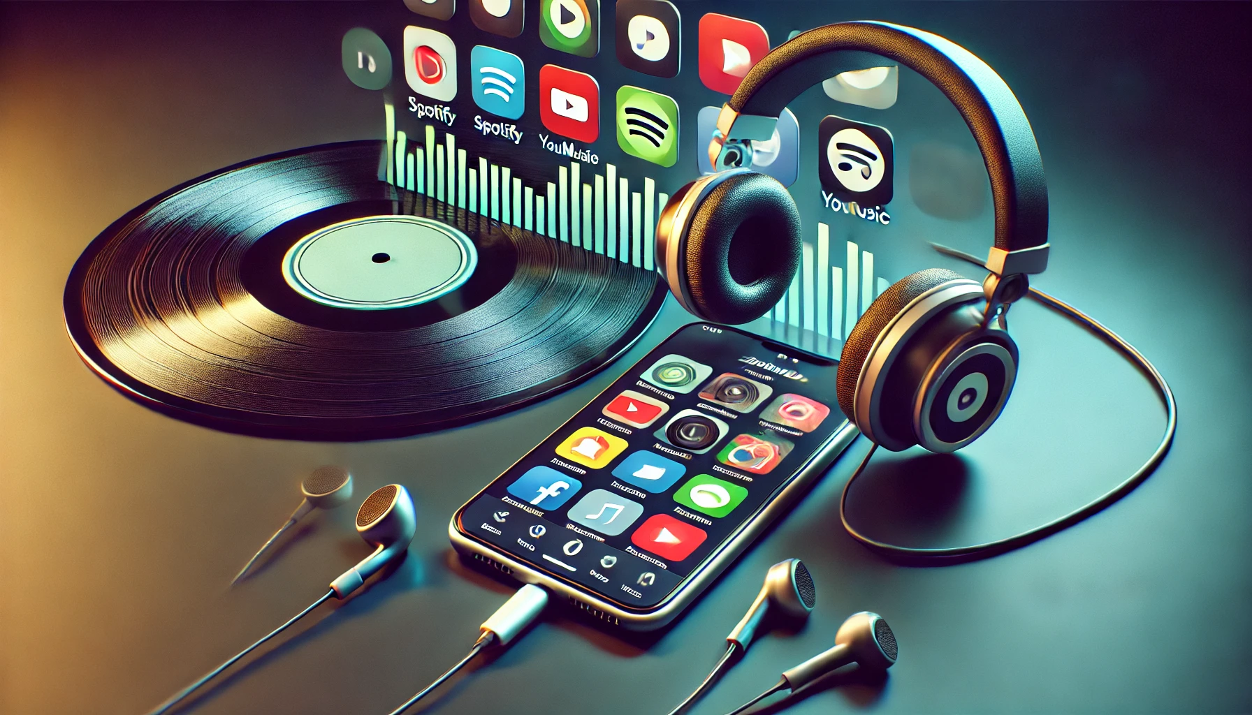 Music streaming app on smartphone with headphones and vinyl records, symbolizing the digital shift in music consumption and its influence on the future of music